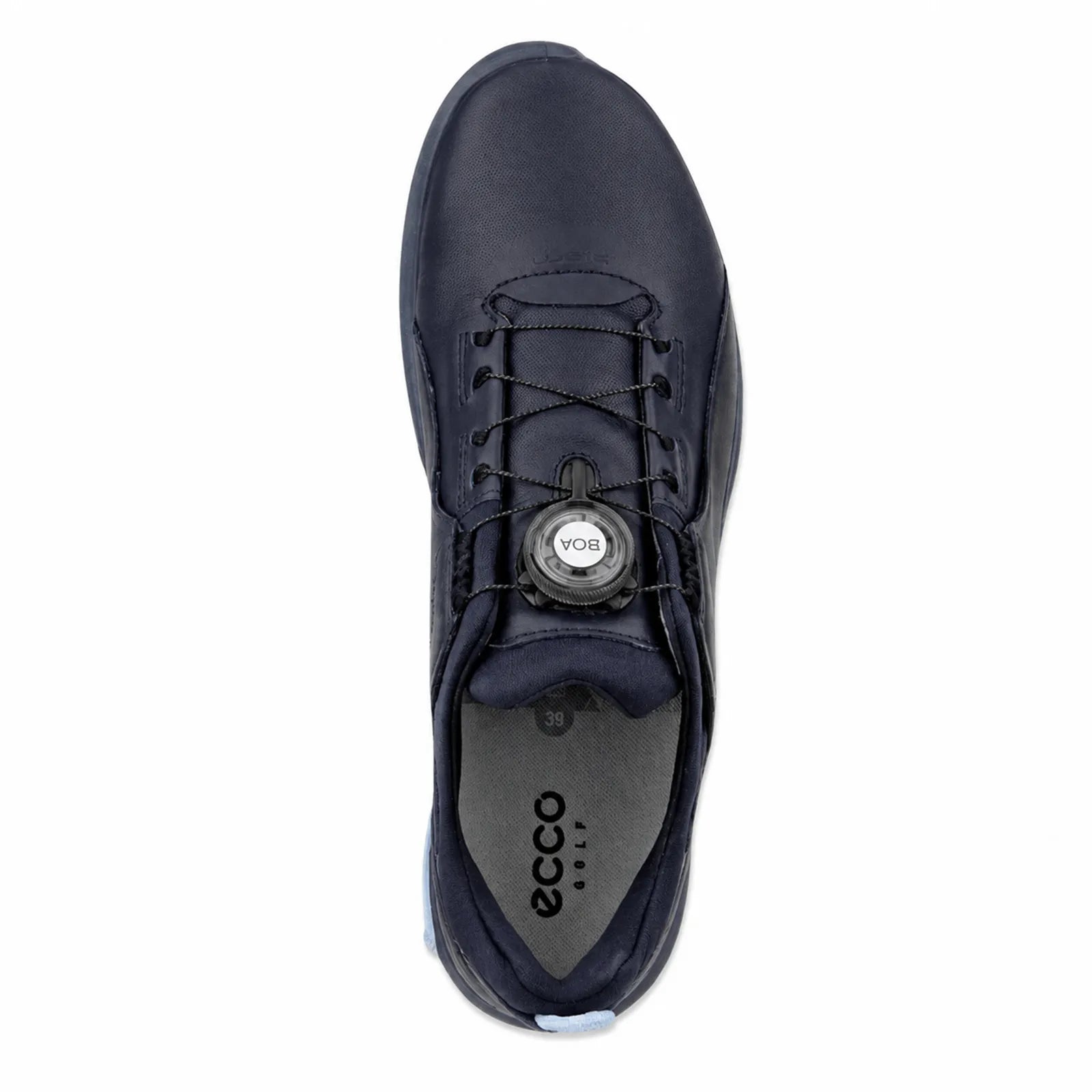 Side angle view of ECCO Biom Tour BOA women's navy spiked golf shoe