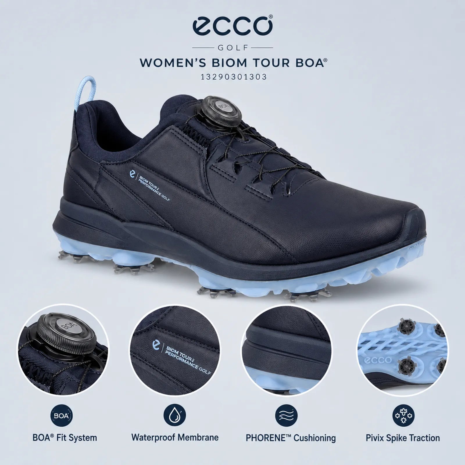 Close-up detail of ECCO Biom Tour BOA women's navy golf shoe upper and spiked outsole