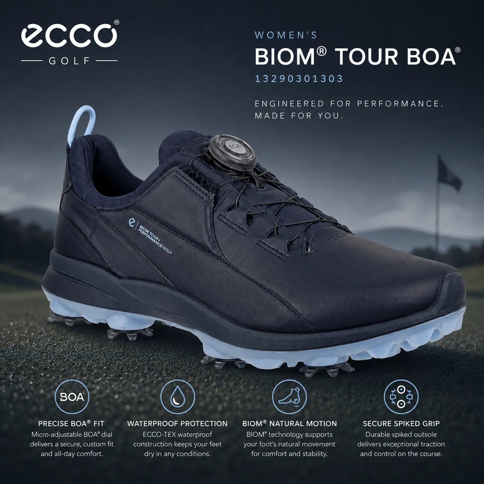 ECCO Biom Tour BOA women's navy golf shoe with waterproof comfort and BOA fit