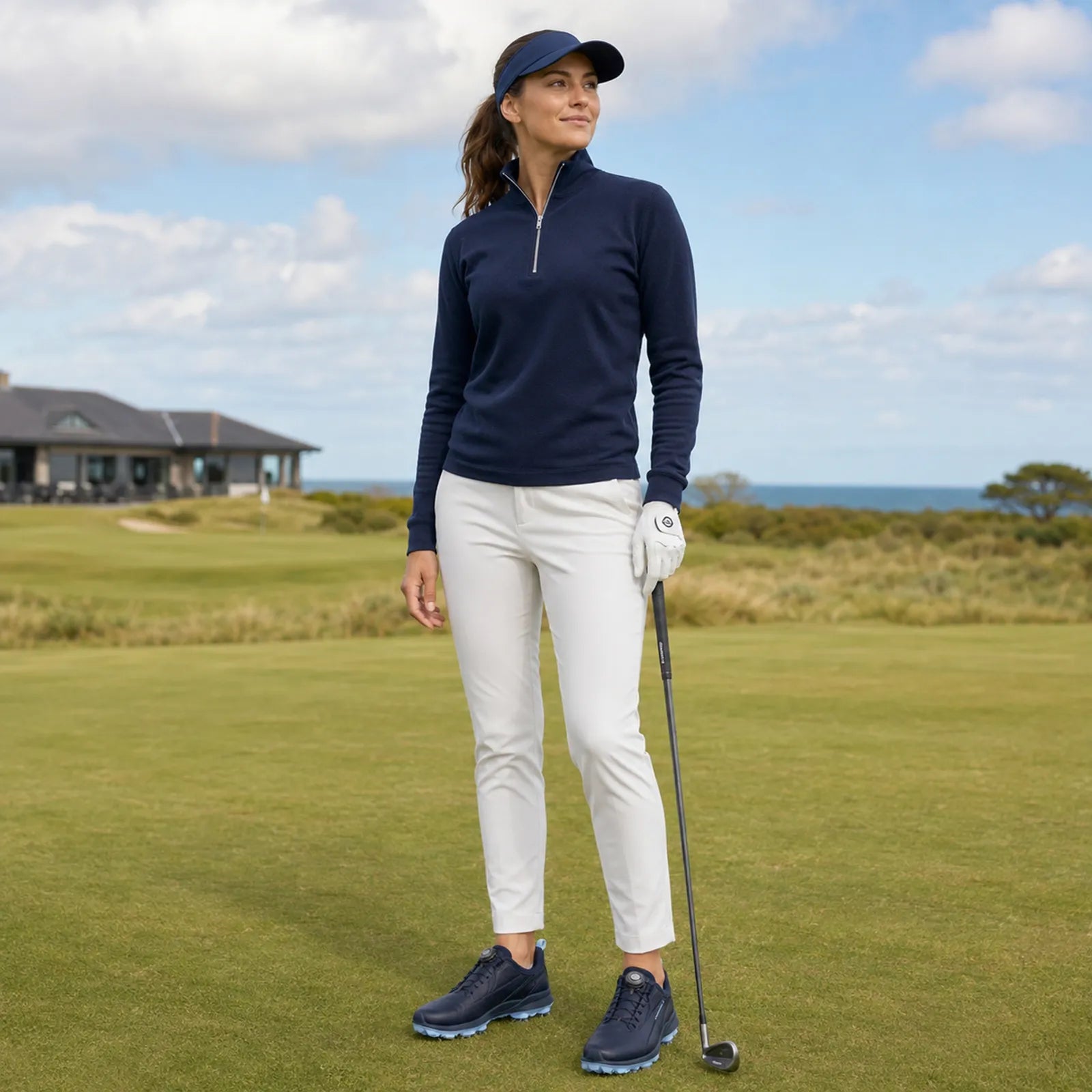 ECCO Biom Tour BOA women's navy leather golf shoes in a golf setting