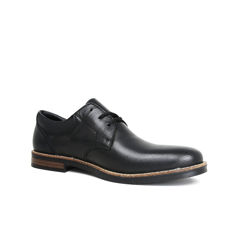 Men's black leather lace-up formal shoes with low-profile sole and brown trim