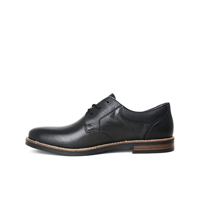 Men's black leather lace-up dress shoes with cushioned collar and brown-trim sole