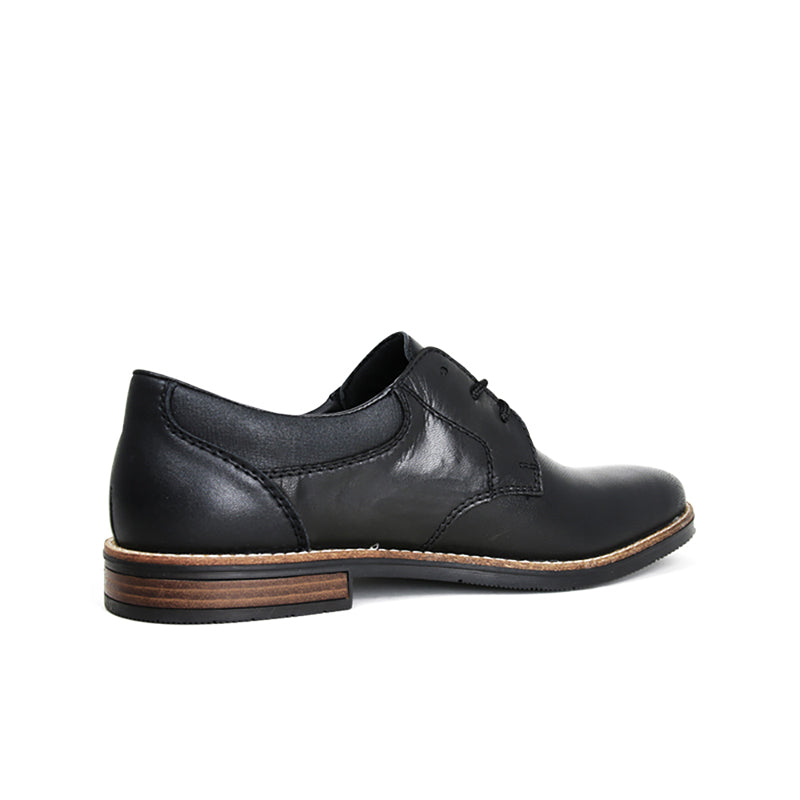 Men's black leather lace-up formal shoes with seam details and brown-trim sole