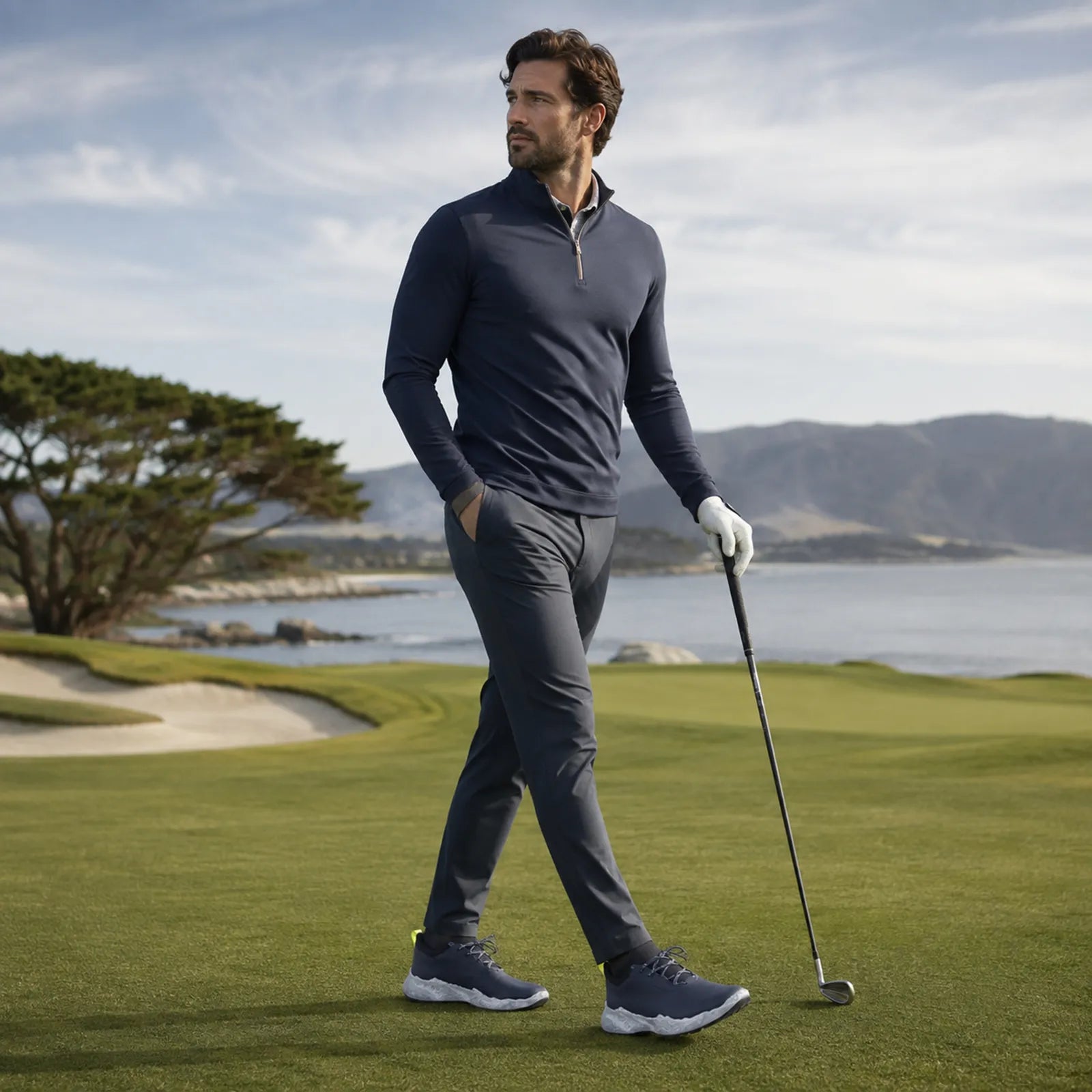 ECCO BIOM H5 men's blue waterproof golf shoes in an outdoor golf setting