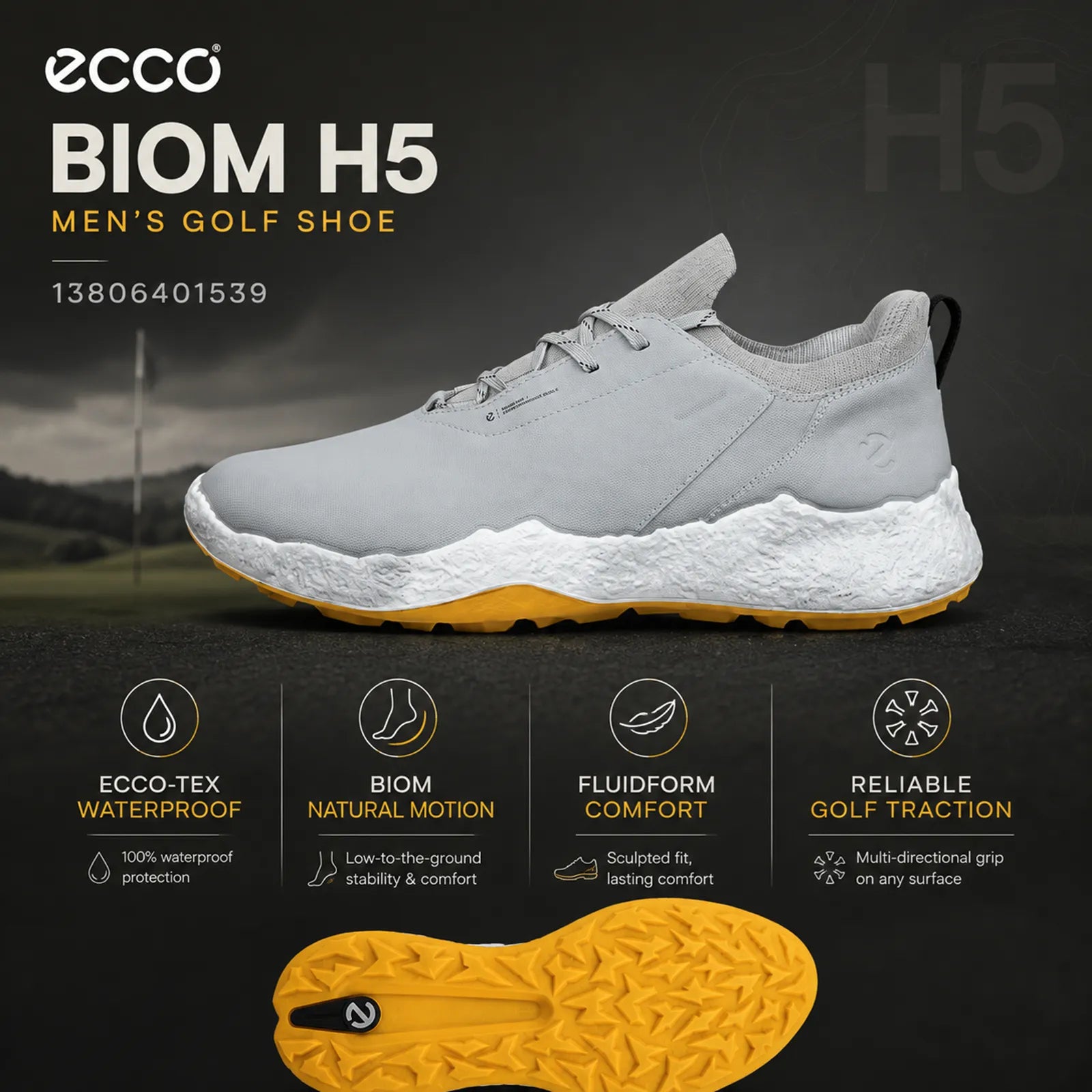 ECCO BIOM H5 men's grey golf shoe highlighting waterproof comfort and traction