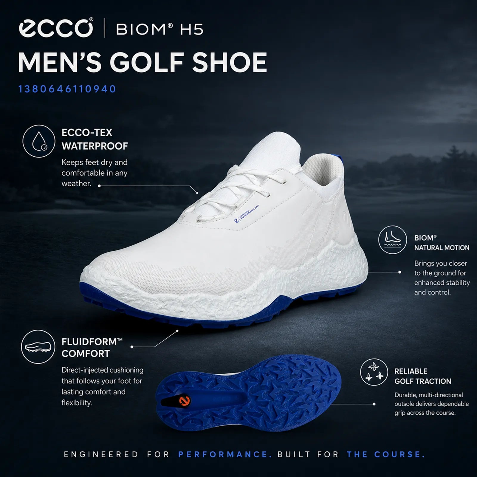 ECCO BIOM H5 men's white golf shoe highlighting waterproof comfort and traction