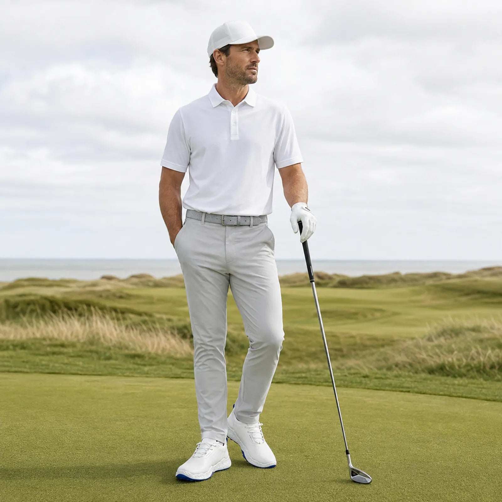 ECCO BIOM H5 men's white waterproof golf shoes in an outdoor golf setting