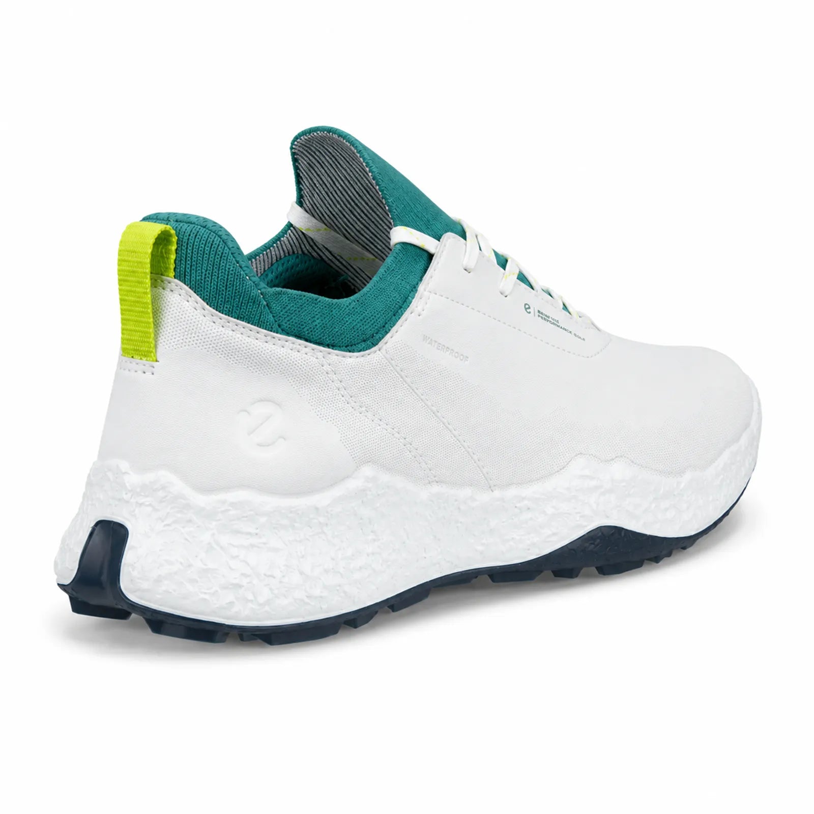 Side angle view of ECCO BIOM H5 men's white and bay green golf shoe