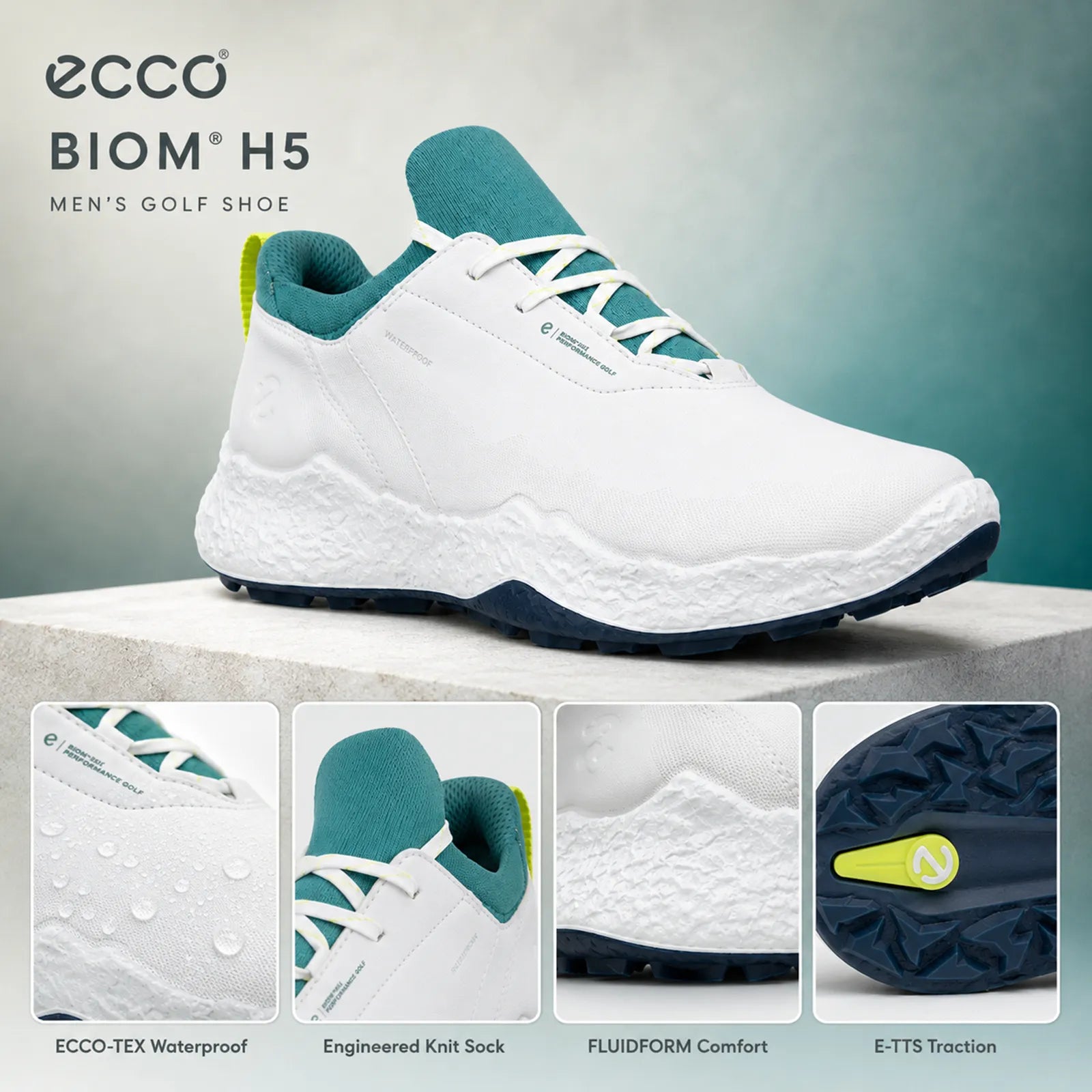 Close-up detail of ECCO BIOM H5 men's white and bay green golf shoe upper and outsole