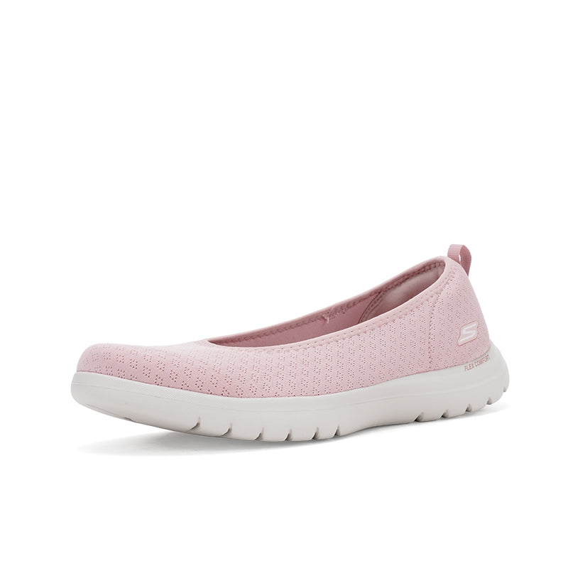 Women's blush pink textile slip-on sneakers, side view with logo