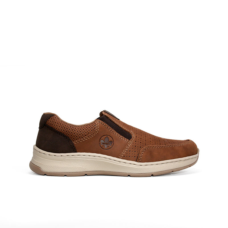 Men's brown slip-on loafers with cushioned collar and side gore