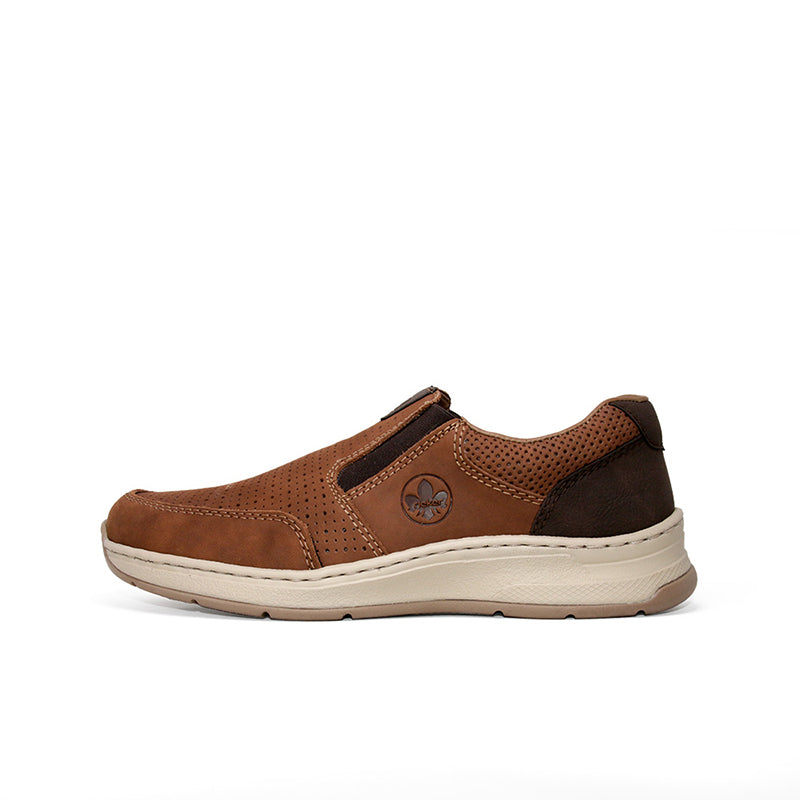 Men's brown slip-on loafers with dark side panels and pull-tab