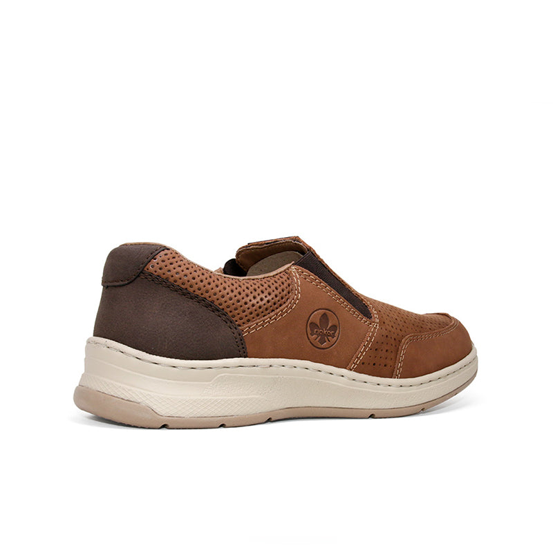 Men's brown slip-on loafers with padded tongue and logo badge