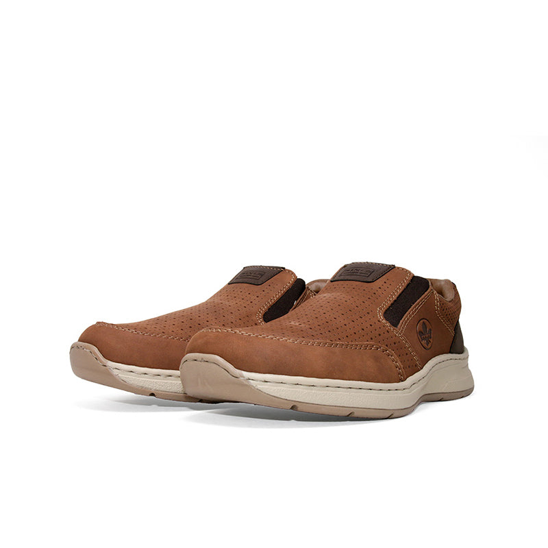 Men's brown slip-on loafers shown from side with textured upper