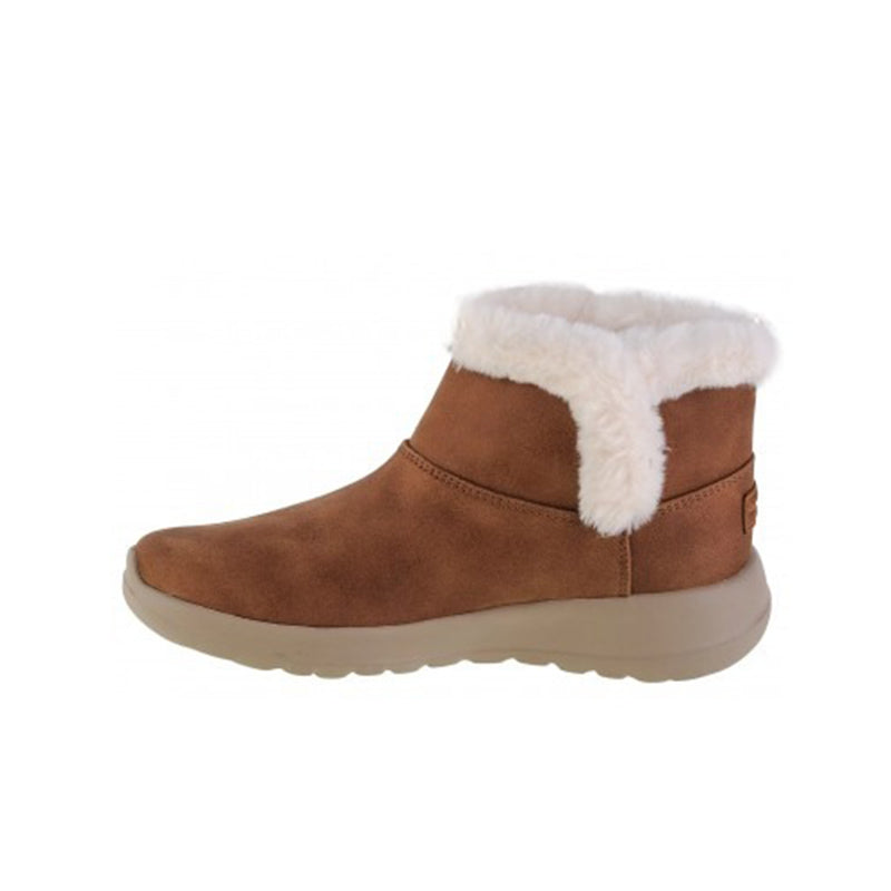 Brown suede mid-ankle boot with white faux-fur trim and elastic side panels