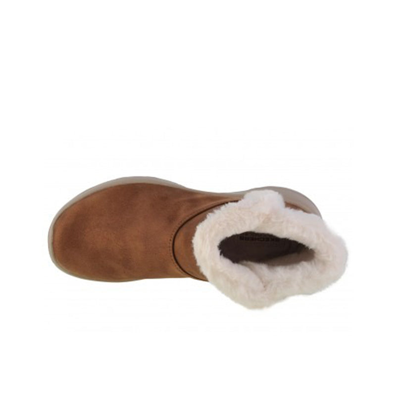 Brown suede boot with white faux-fur cuff, side opening visible
