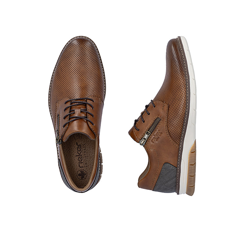 Pair of brown leather business shoes with lace-up and side zip, white rubber sole
