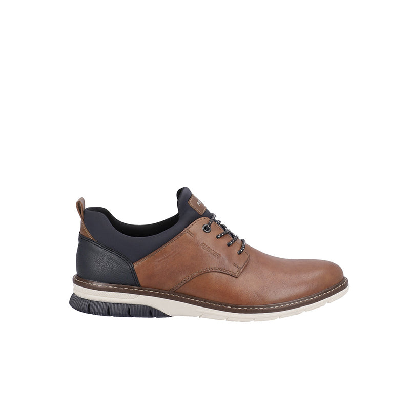 Men's brown leather lace-up shoes with dark collar and striped rubber sole