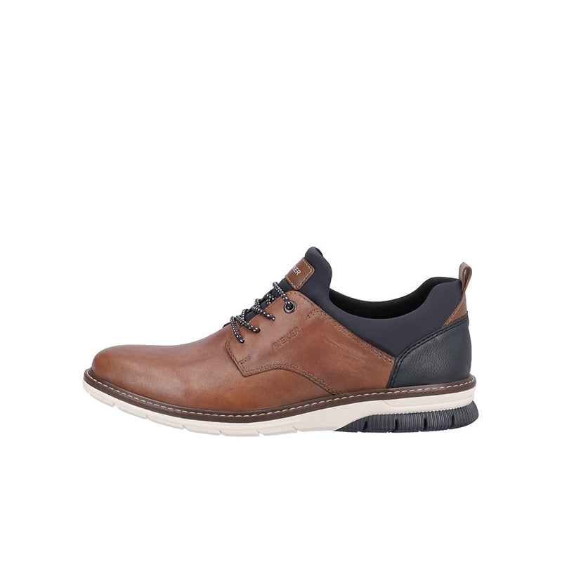 Men's brown leather lace-up shoes with dark side panels and cushioned collar