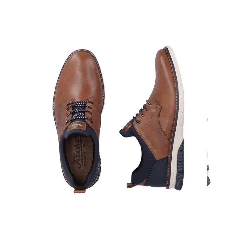 Men's brown leather lace-up shoes, side profile and open lace-up vamp