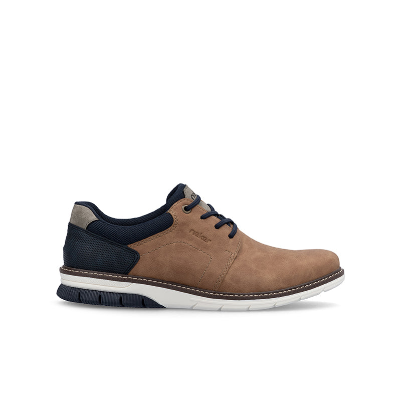 Men's lace-up sneakers, chestnut suede with navy collar and white rubber sole.