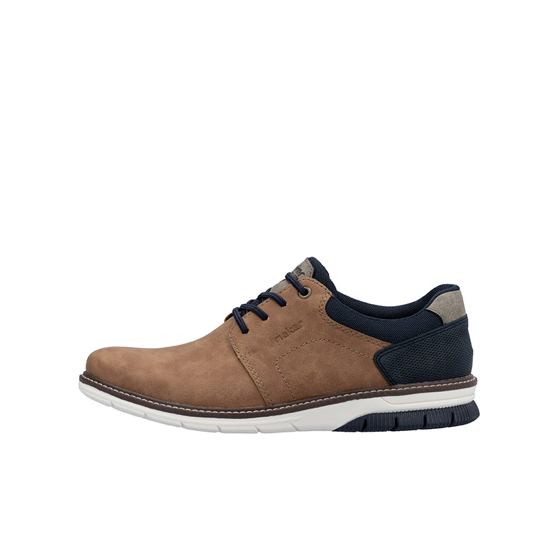 Men's lace-up sneakers, chestnut brown upper with navy side panels and white sole.