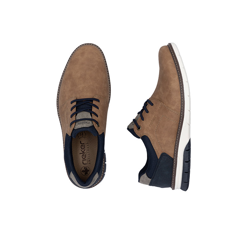 Men's suede lace-up sneakers, chestnut brown with navy laces and cushioned collar.