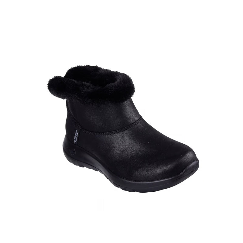 Black slip-on leather boot with plush faux-fur cuff and side seam detail