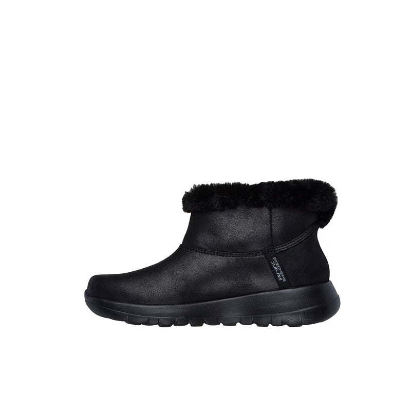 Black slip-on boot with faux-fur collar, side panel seam, and textured outsole