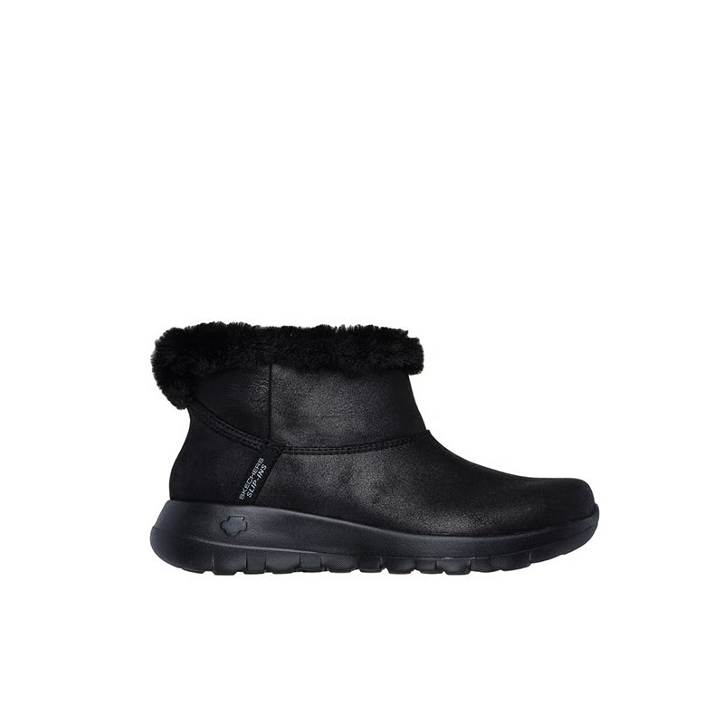 Black slip-on boot with faux-fur cuff and chunky tread sole, side view