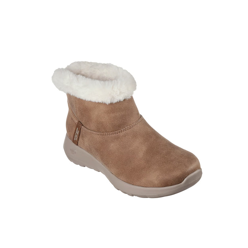 Tan slip-on leather boot with white faux-fur cuff and cushioned sole