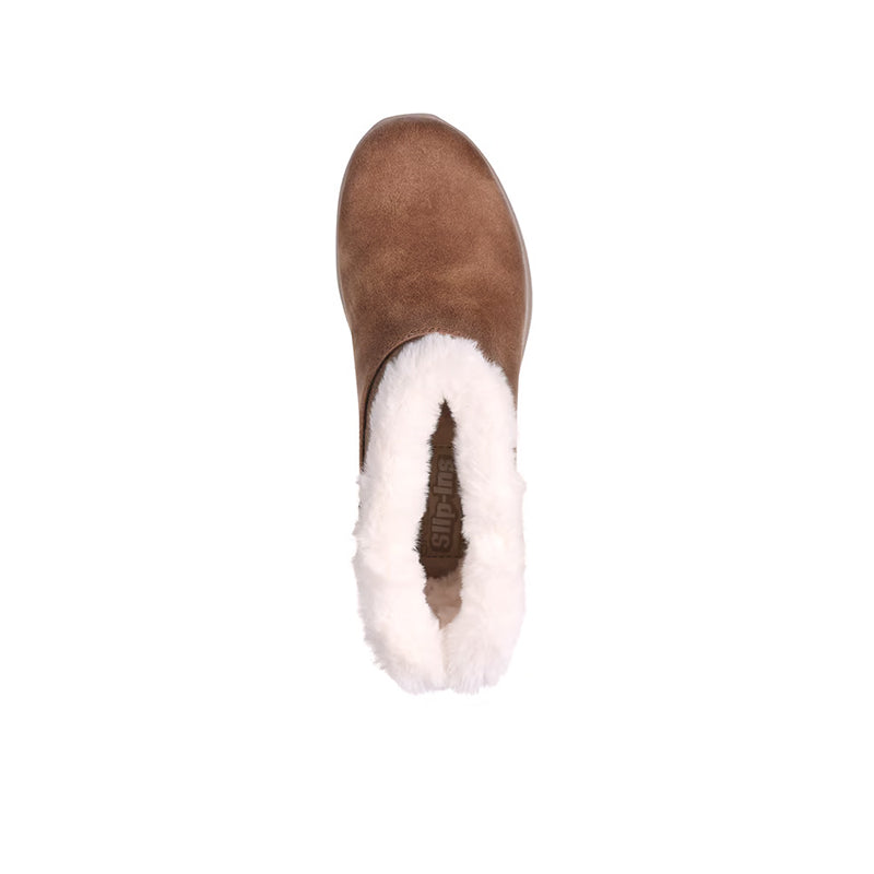 Tan boot opening with white faux-fur lining visible