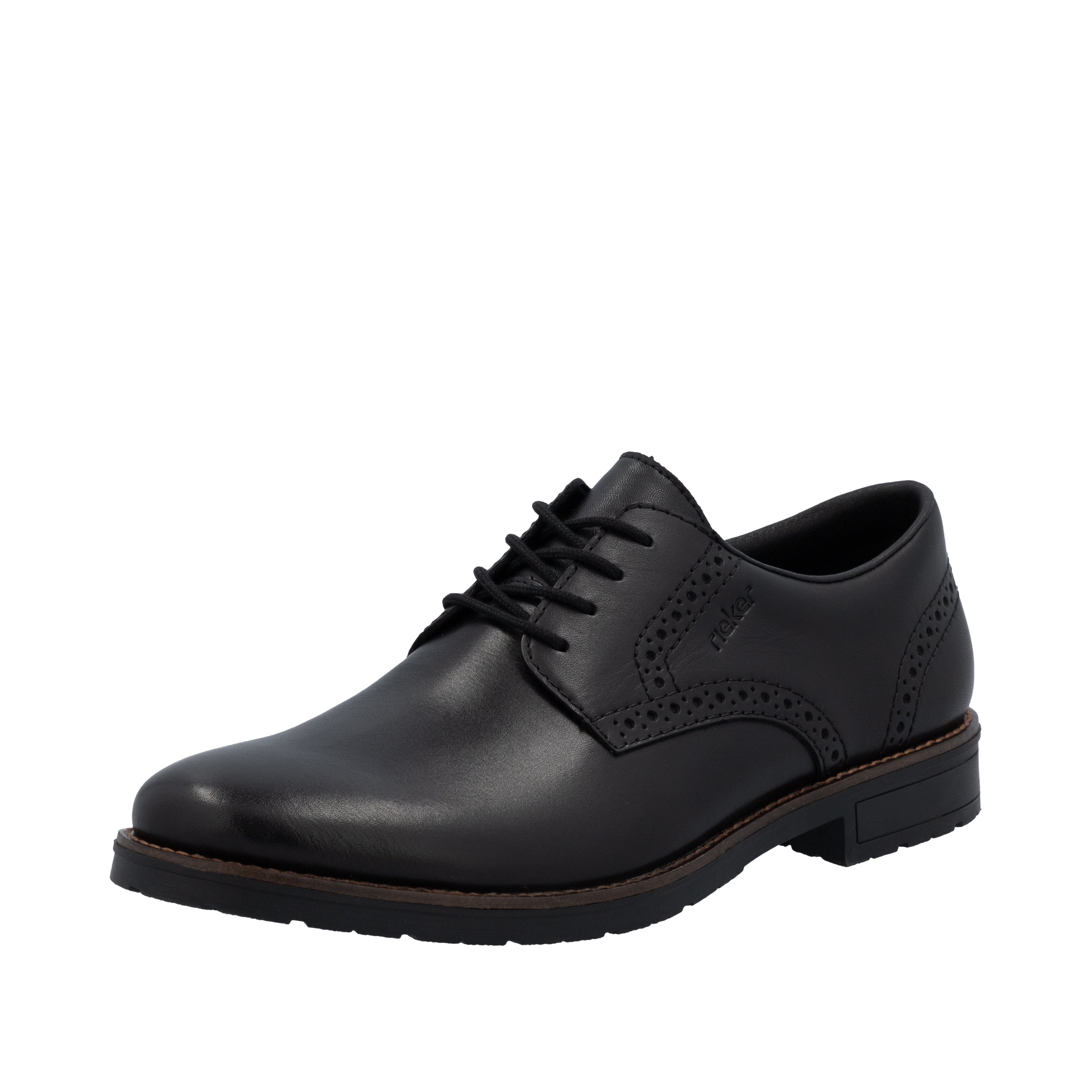 Black lace-up formal shoe with low heel and side brogue detailing
