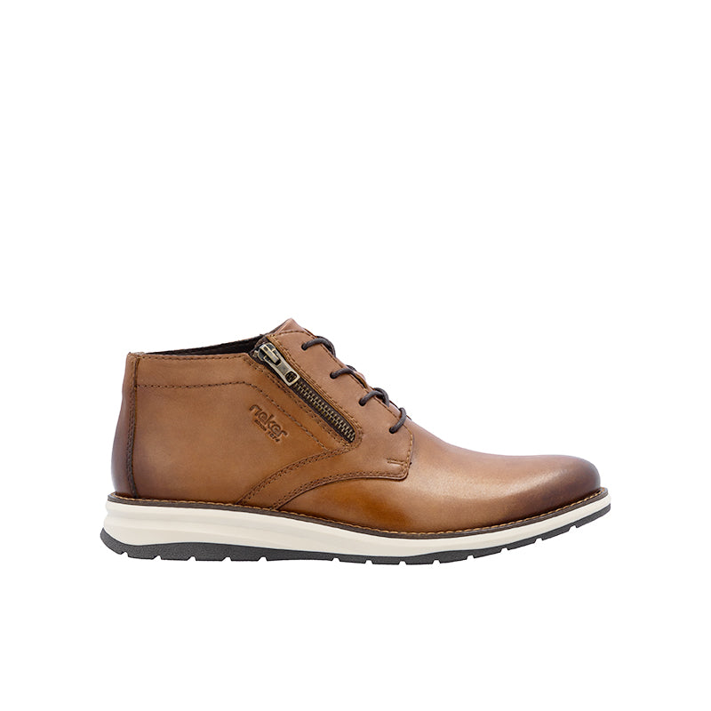 Men's brown leather casual boots, lace-up with side zip and white sole