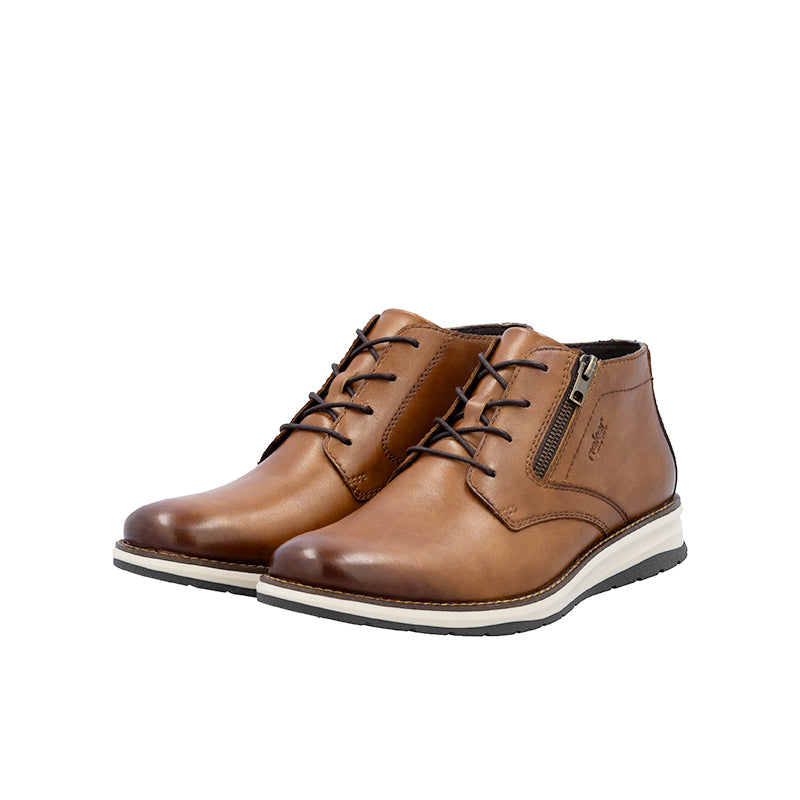 Men's brown leather ankle boots with lace-up front, side zip, and white sole