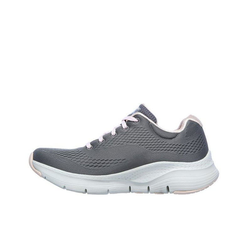 Grey women's textile sneakers with pink-trim laces and white running sole