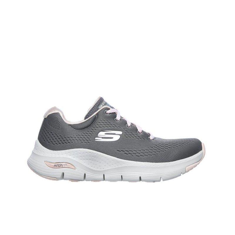 Grey women's textile sneakers with S logo, pink laces, and white cushioned sole