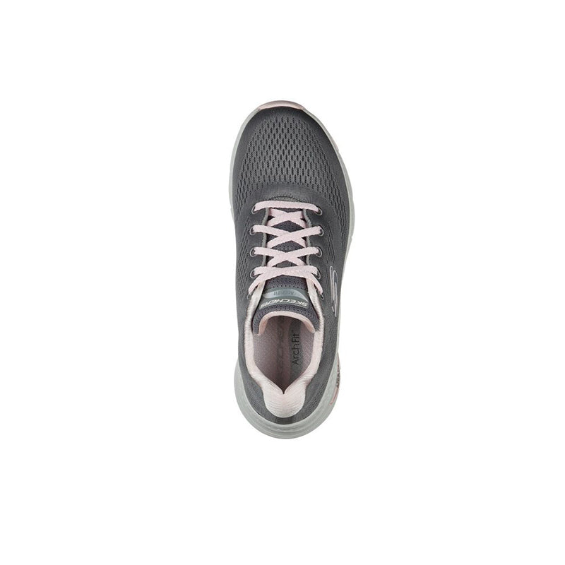 Grey women's sneaker with pink lace-up detail and cushioned heel collar