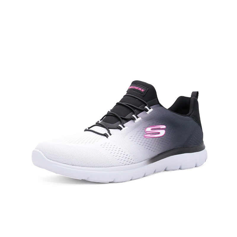 Women’s sneaker with white front, dark upper, black laces, pink S side logo