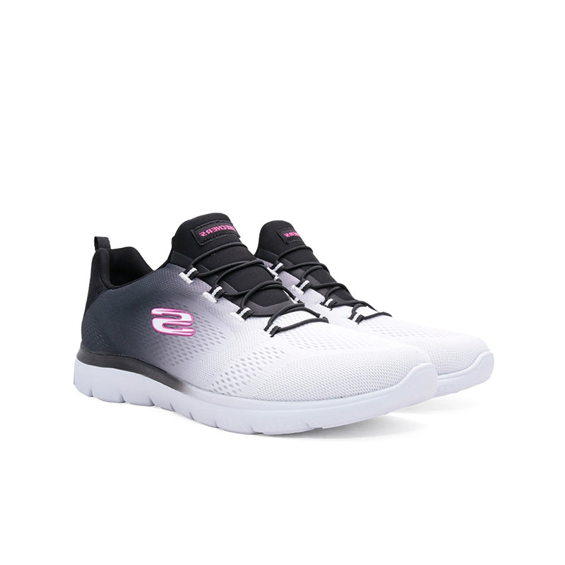 Women’s casual sneaker with white toe, dark panels, black laces, pink S emblem