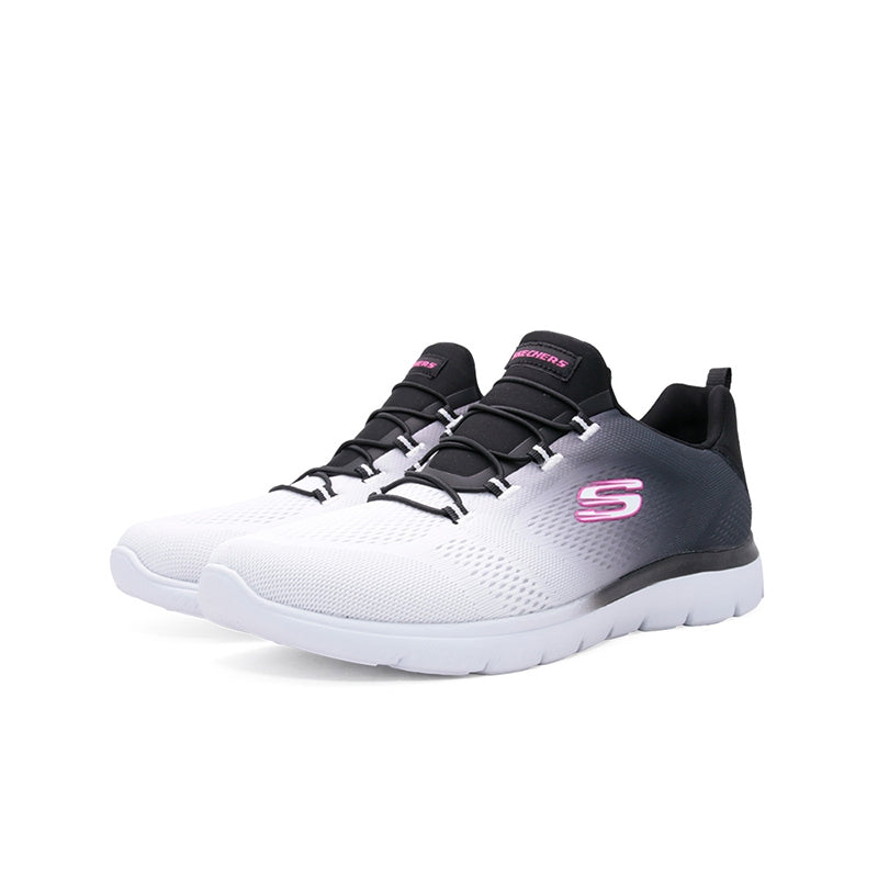Women’s textile sneaker with black heel collar, white upper, black laces, pink S logo