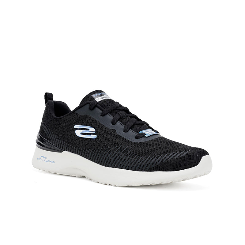 Women's black textile sneaker with lace-up front and white cushioned sole
