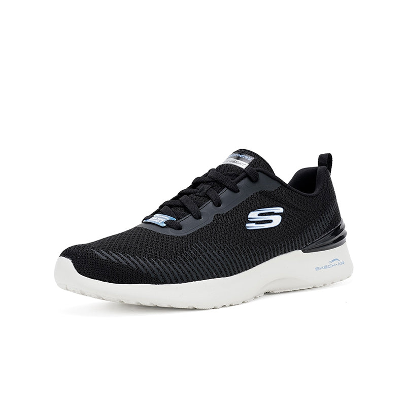 Women's black textile sneaker with side S logo, lace-up, and white sole