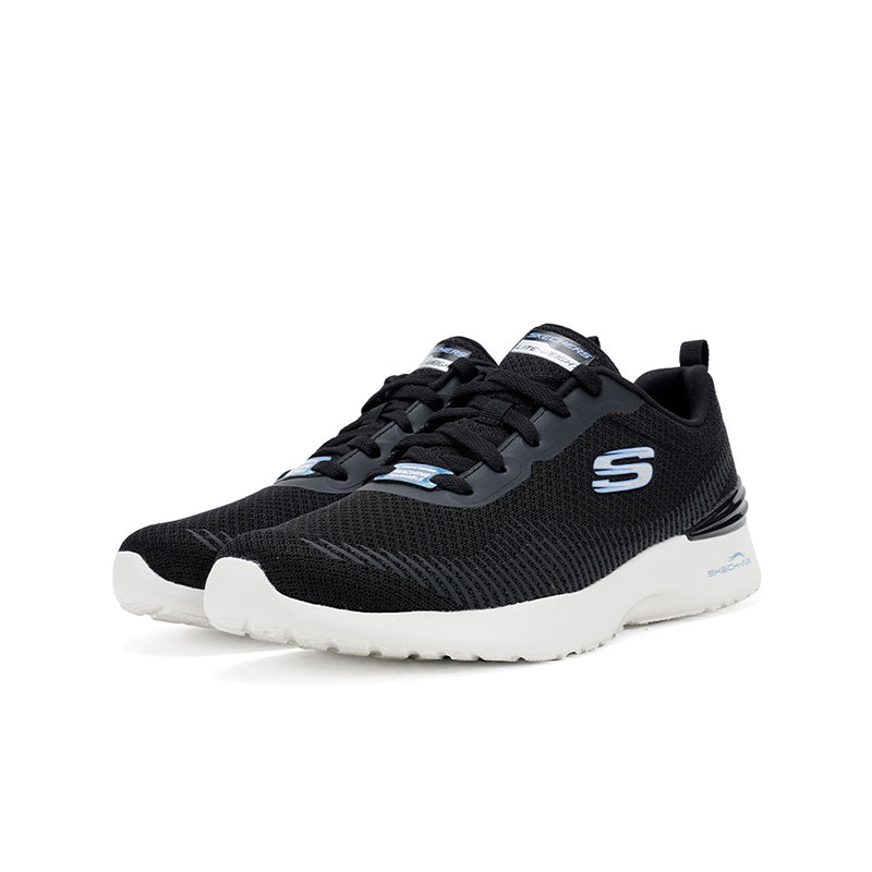Women's black textile sneaker side profile with lace-up and S logo on upper