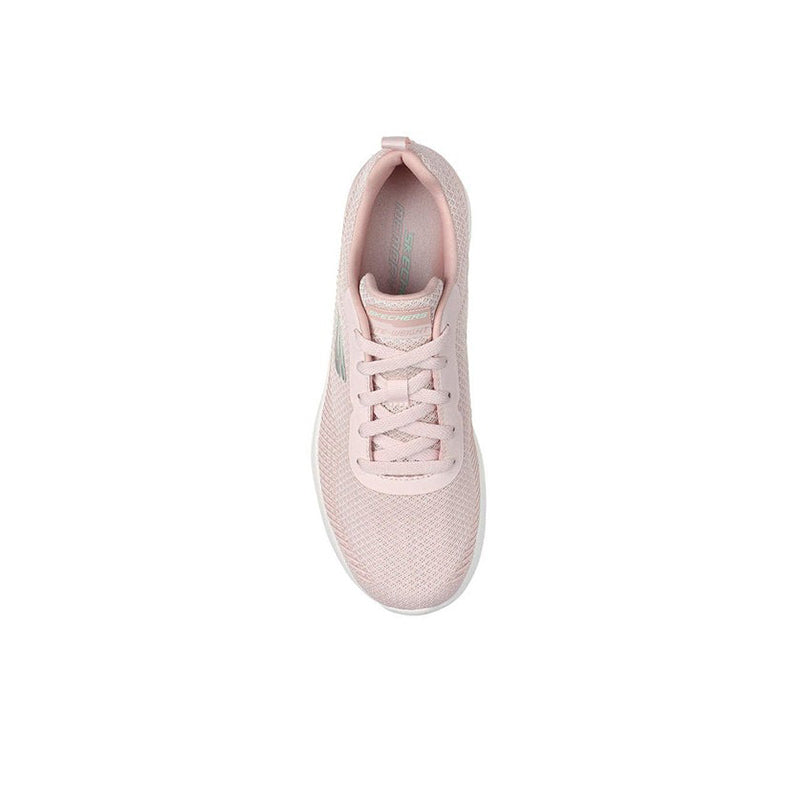 Women's light pink sneaker showing padded collar and lace-up front