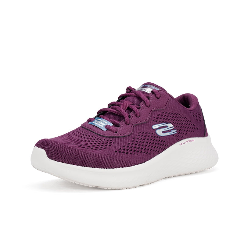 Purple Skechers lace-up women's sneaker with S logo and white cushioned midsole