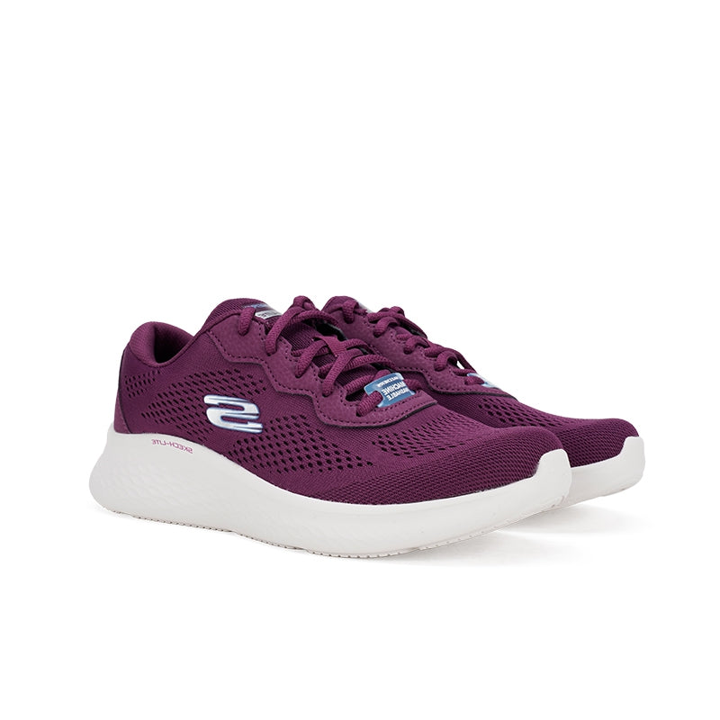 Purple Skechers textile women's sneaker, side view with S logo and white midsole