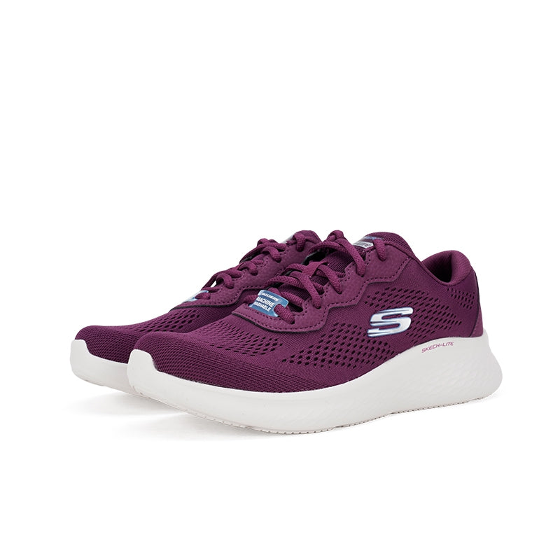 Purple Skechers lace-up women's sneaker, angled side with S logo and white midsole