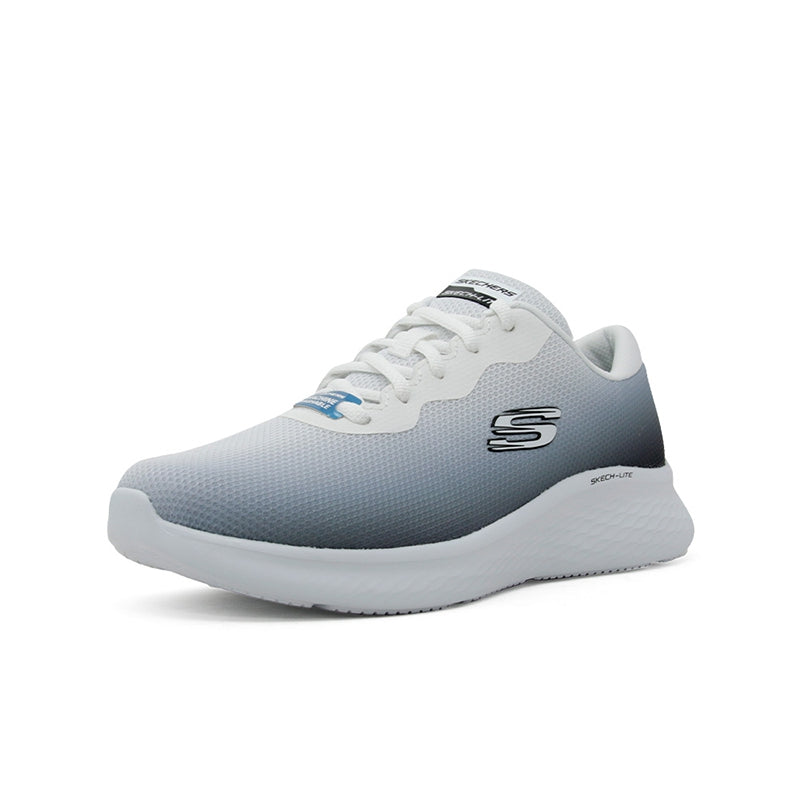 Skechers Kech Lite Pro sneakers, light gray knit upper, white laces, blue logo, white sole
