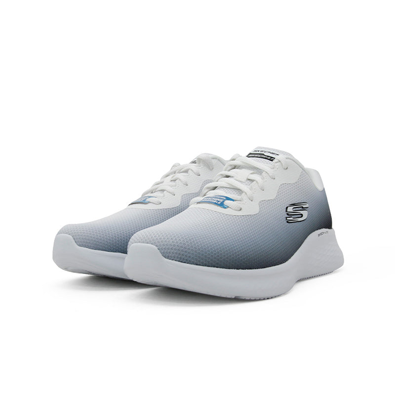Skechers Kech Lite Pro sneakers, light gray knit upper, white laces, side logo, cushioned sole